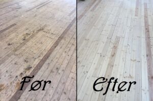 Før og efter gulvslibning af trægulv